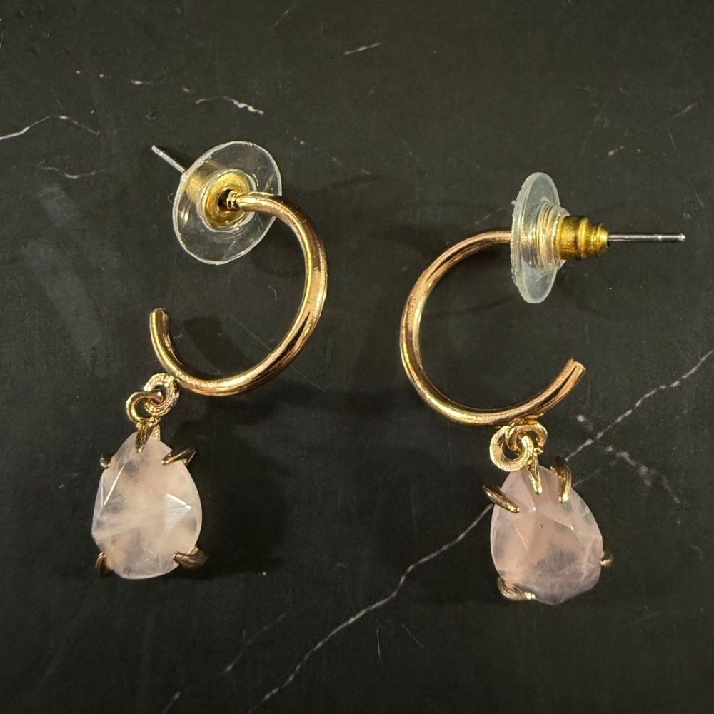 Pink Stone Dangle Teardrop Earrings Gold Tone